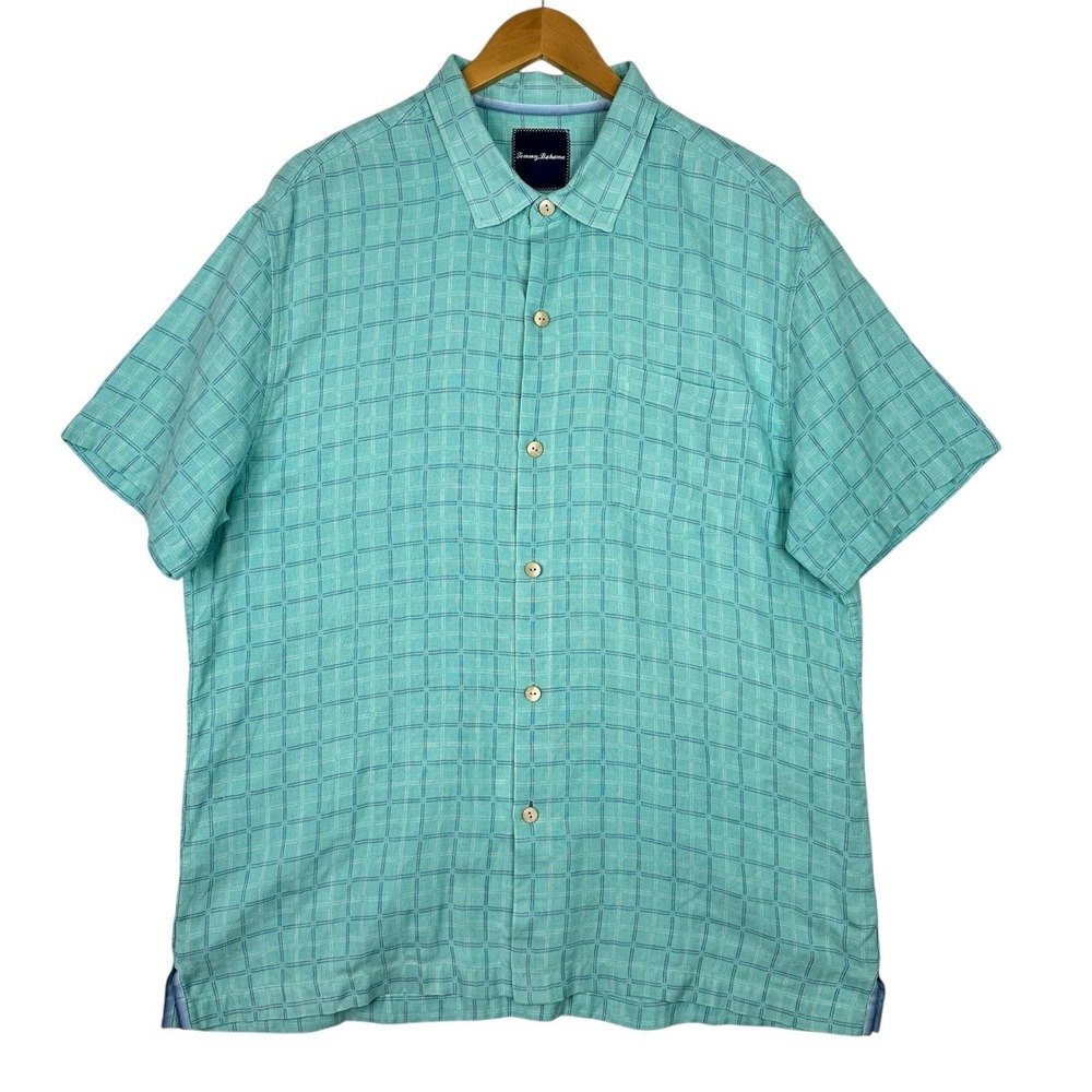 Tommy Bahama Mens XL Silk Blend Camp Shirt Aqua‎ Plaid Short Sleeve Button Up
